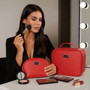 NEW GUESS Red Pebbled Faux Leather Travel Case & Makeup Bag Set